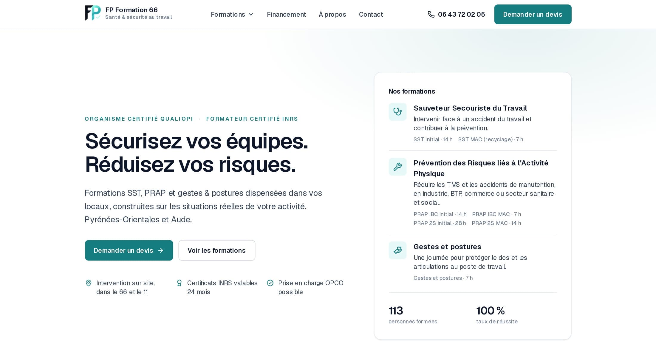 Accueil de fpformation66.fr : « Sécurisez vos équipes. Réduisez vos risques. », carte des trois familles de formations, 113 personnes formées, 100 % de réussite