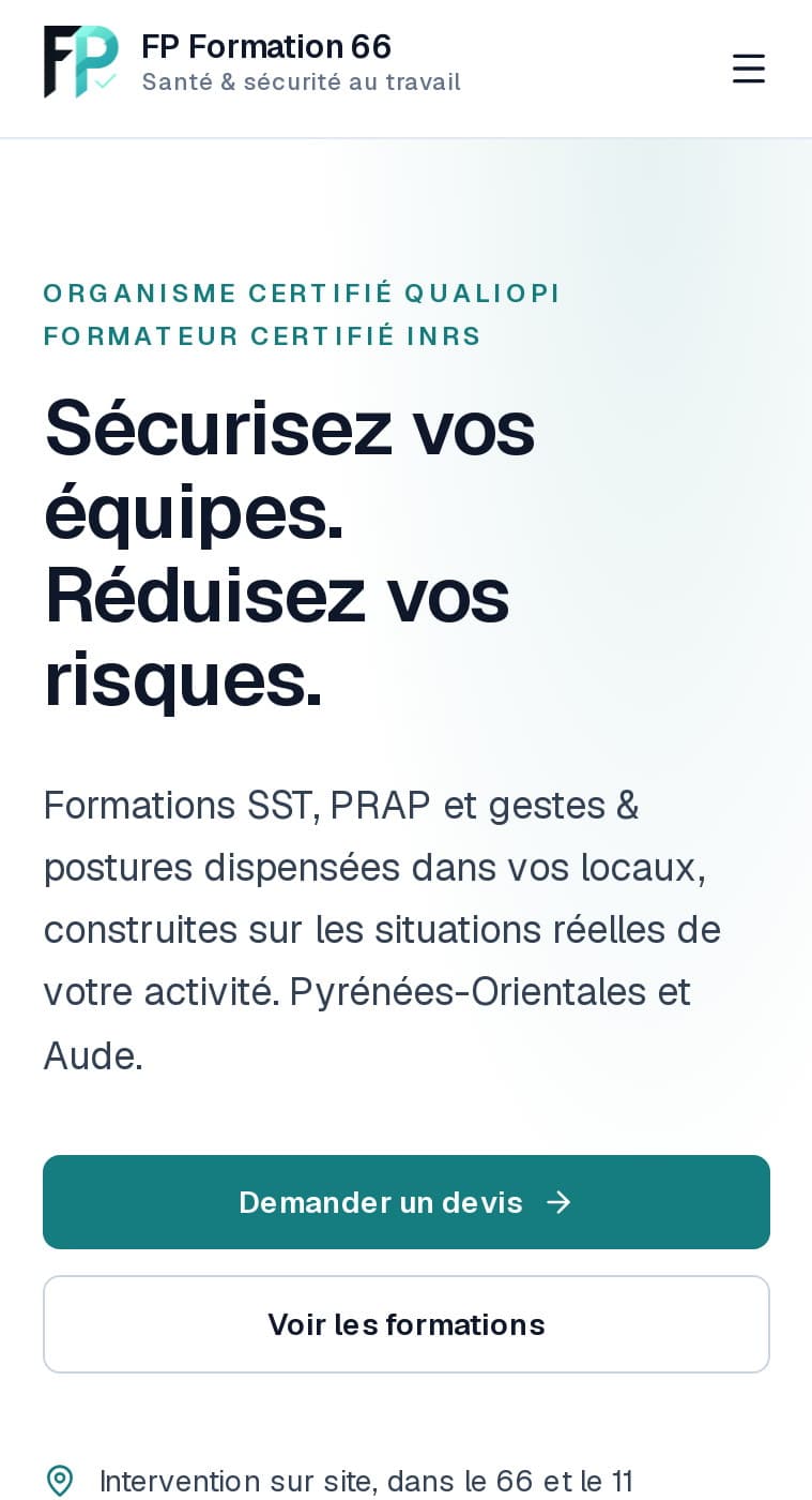 Accueil de fpformation66.fr sur mobile : « Organisme certifié Qualiopi · Formateur certifié INRS », boutons Demander un devis et Voir les formations