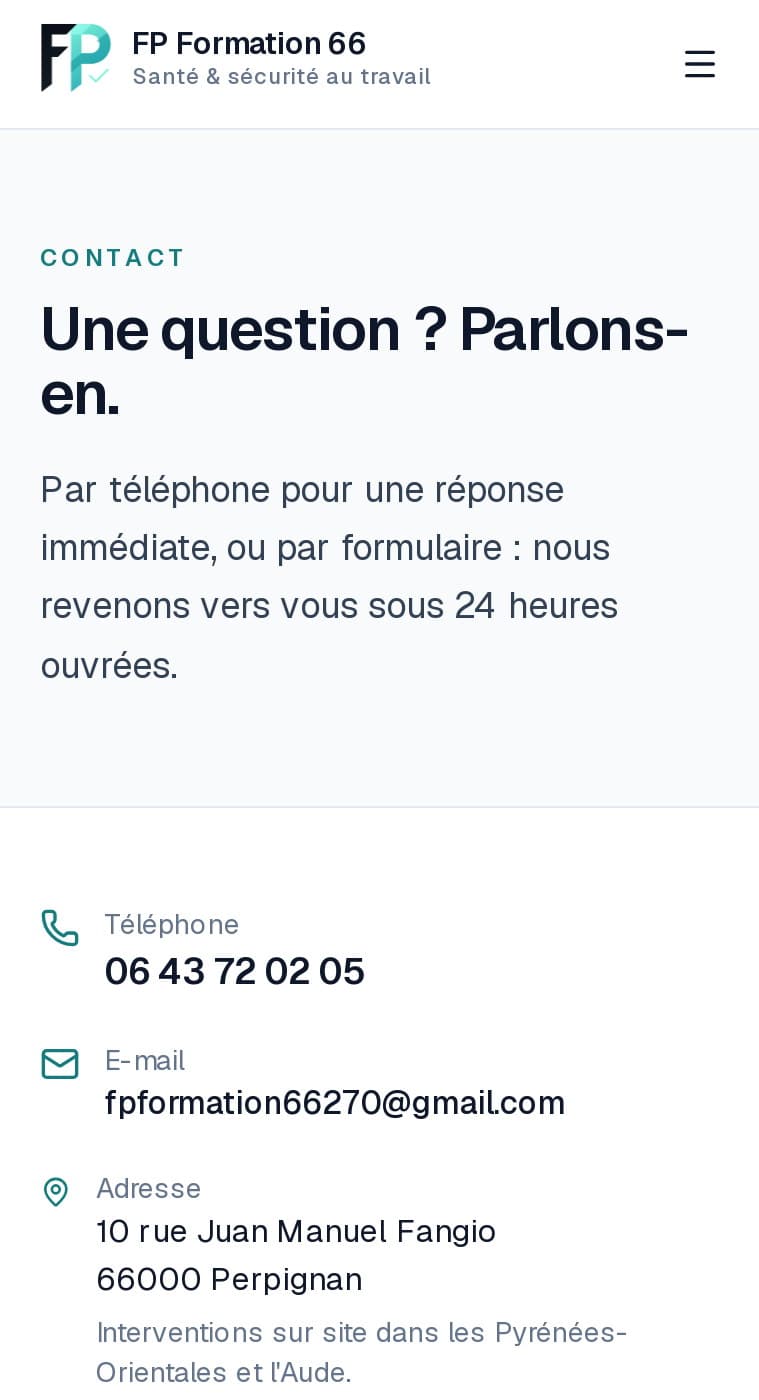 Page Contact sur mobile : « Une question ? Parlons-en. », téléphone, e-mail, adresse