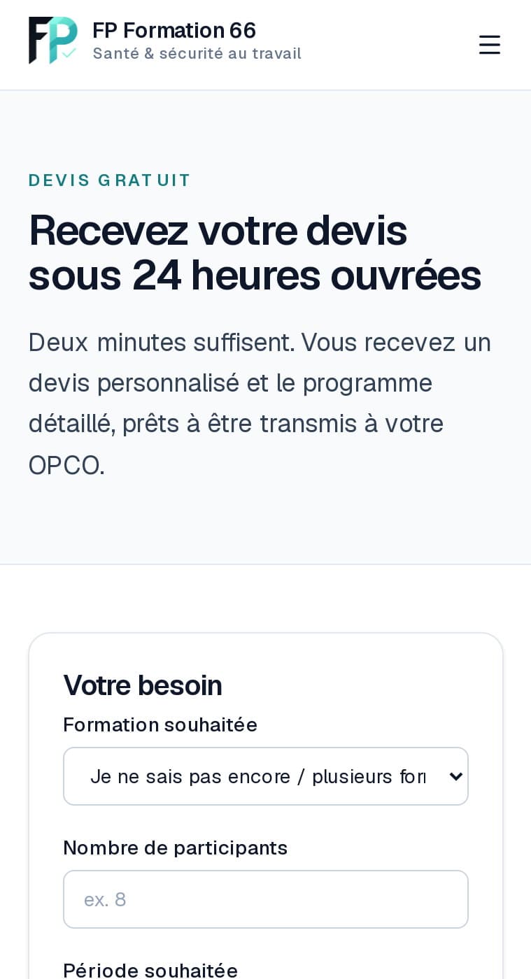 Page Devis de fpformation66.fr sur mobile : « Recevez votre devis sous 24 heures ouvrées », formulaire Votre besoin