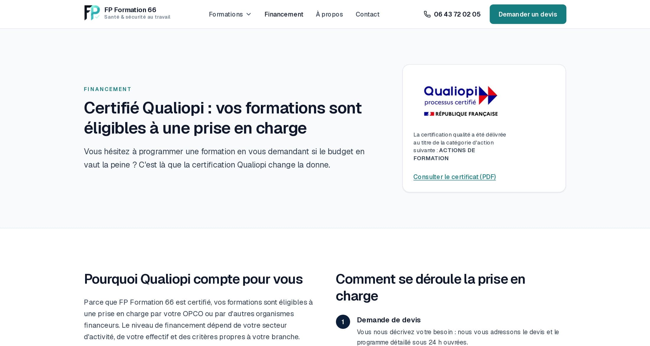 Page Financement de fpformation66.fr : « Certifié Qualiopi : vos formations sont éligibles à une prise en charge », logo Qualiopi