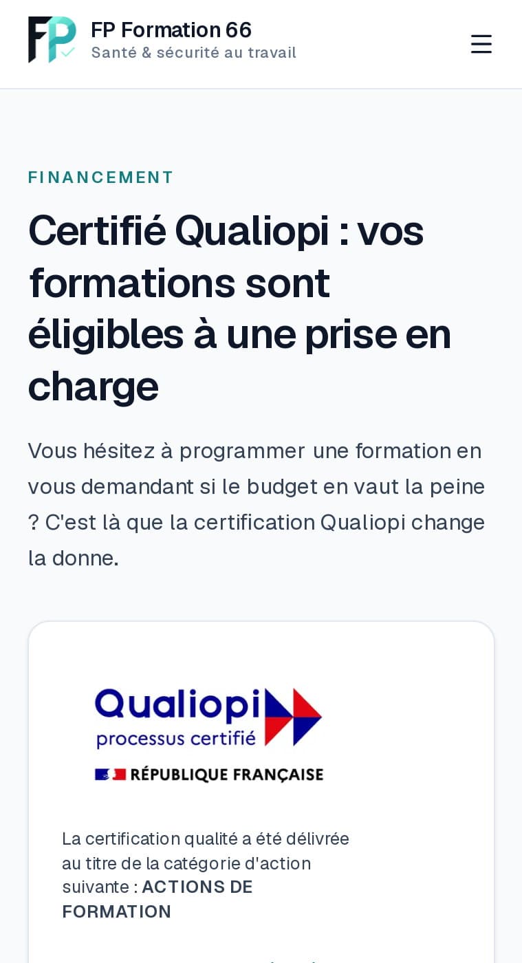 Page Financement sur mobile, logo Qualiopi