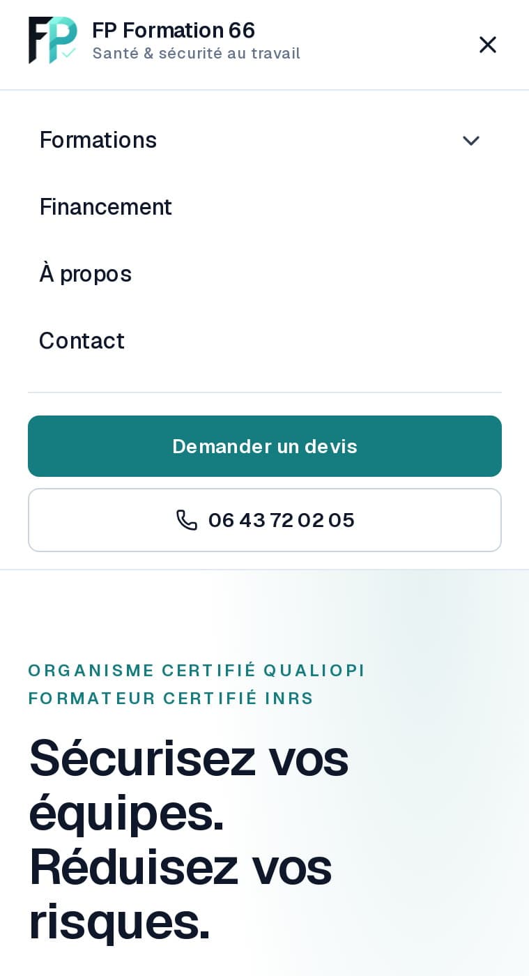 Menu mobile de fpformation66.fr : Formations, Financement, À propos, Contact, Demander un devis, numéro de téléphone