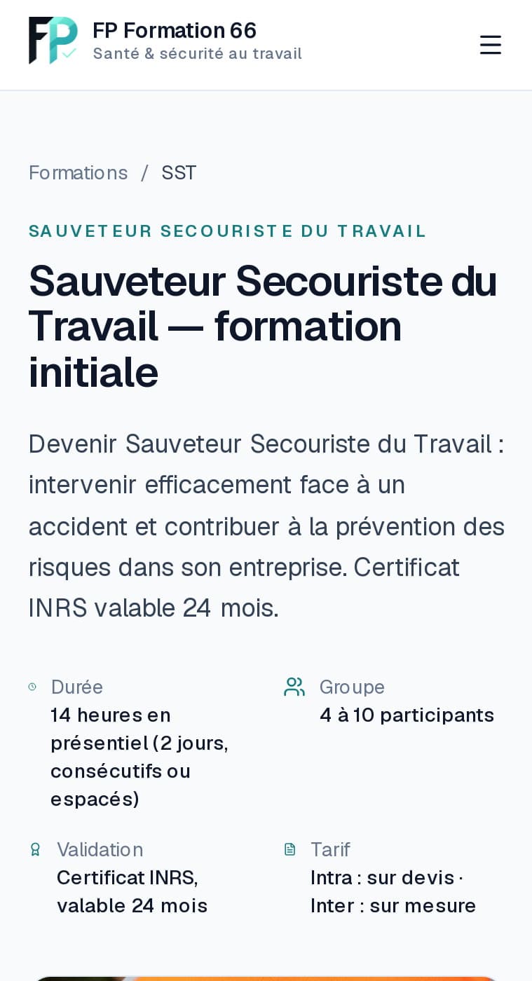 Fiche SST initial sur mobile : durée, groupe, validation, tarif