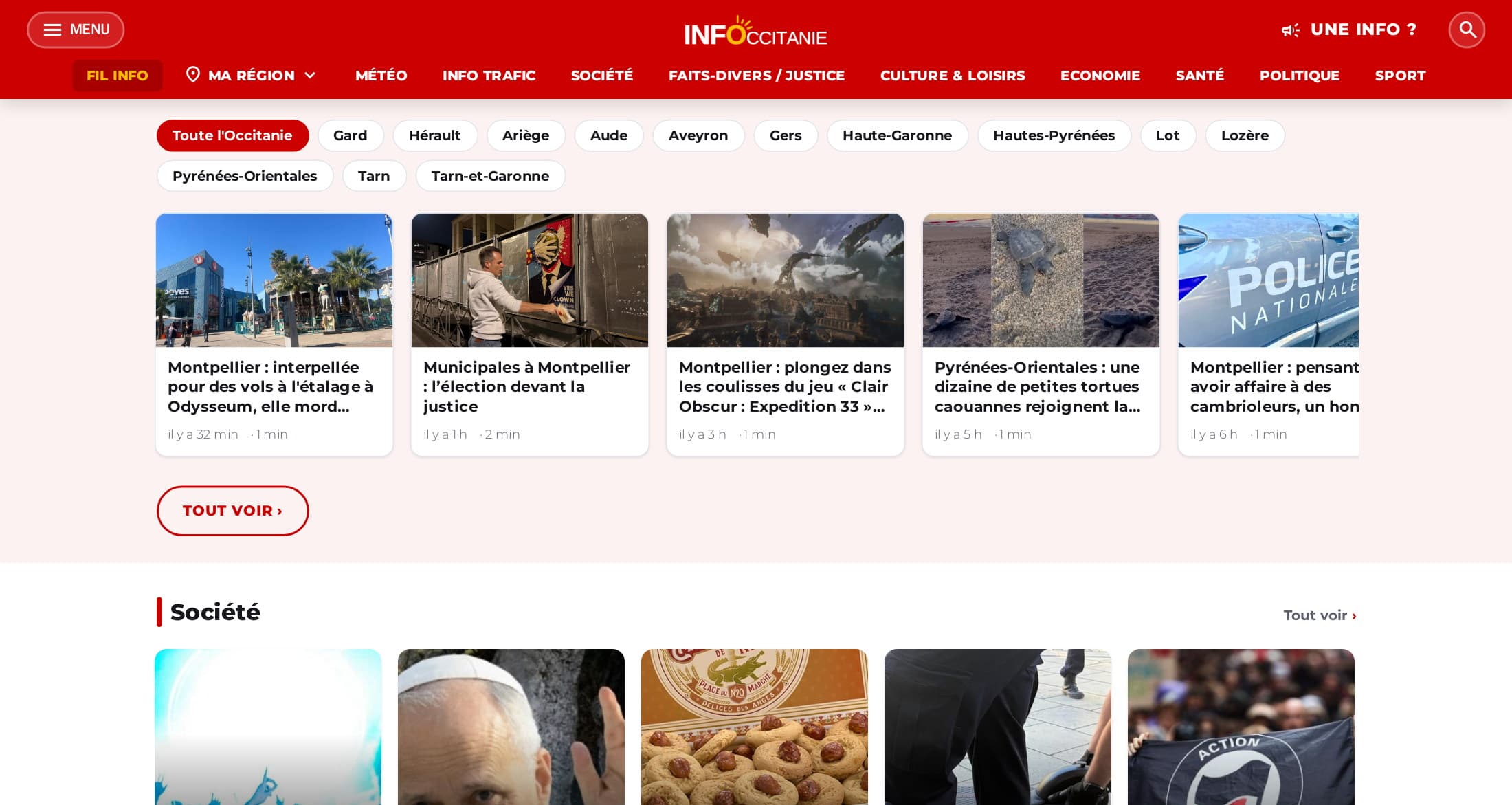 Accueil d’infoccitanie.fr plus bas : filtre par département (Toute l’Occitanie, Gard, Hérault, Aude…) et rubrique Société