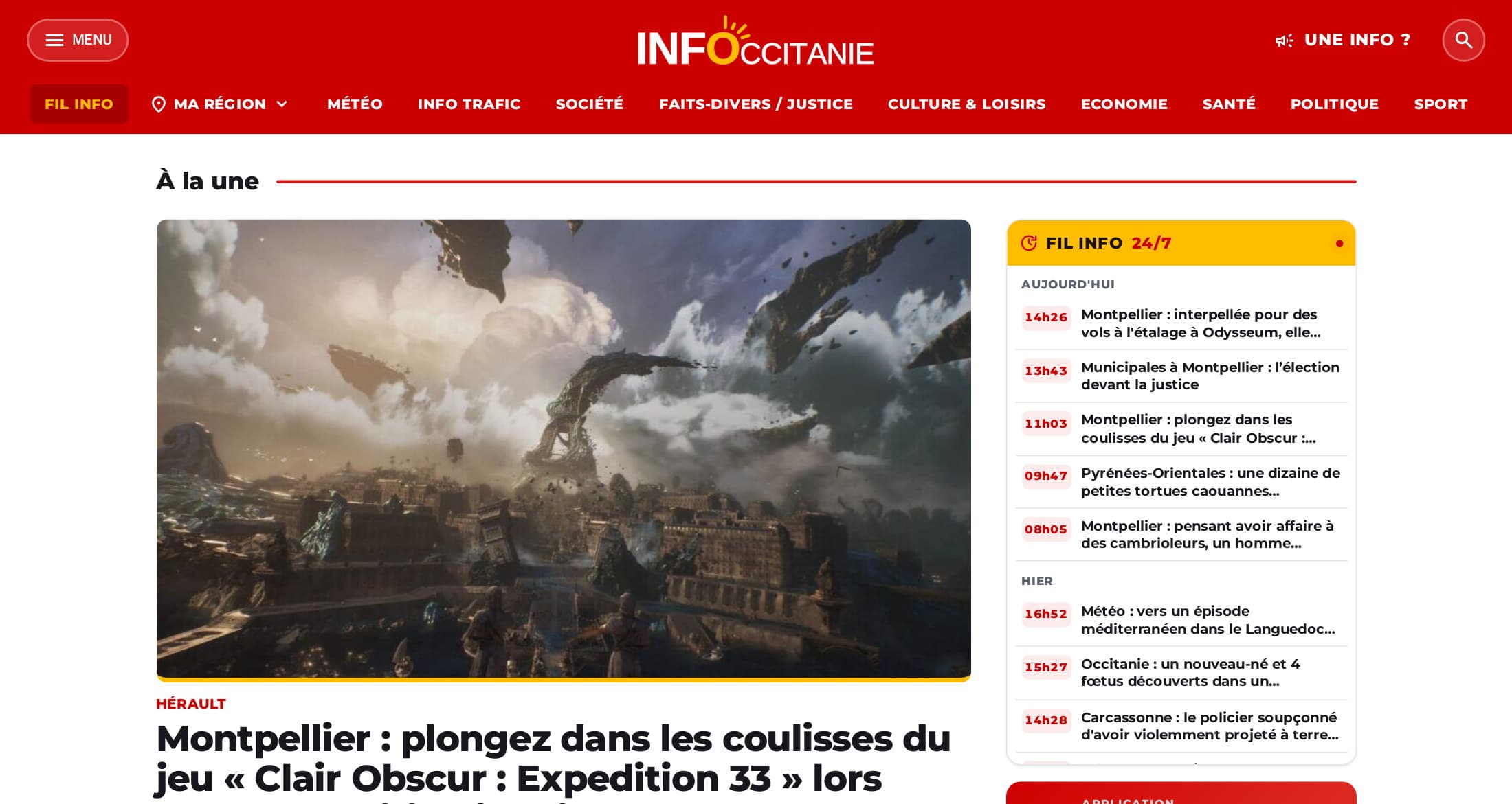 Accueil d’infoccitanie.fr : l’article à la une en grand et, à droite, le Fil info 24/7 horodaté