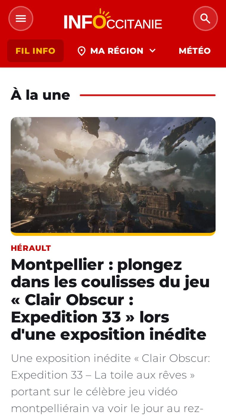 Accueil d’infoccitanie.fr sur mobile : l’article à la une sous l’en-tête rouge