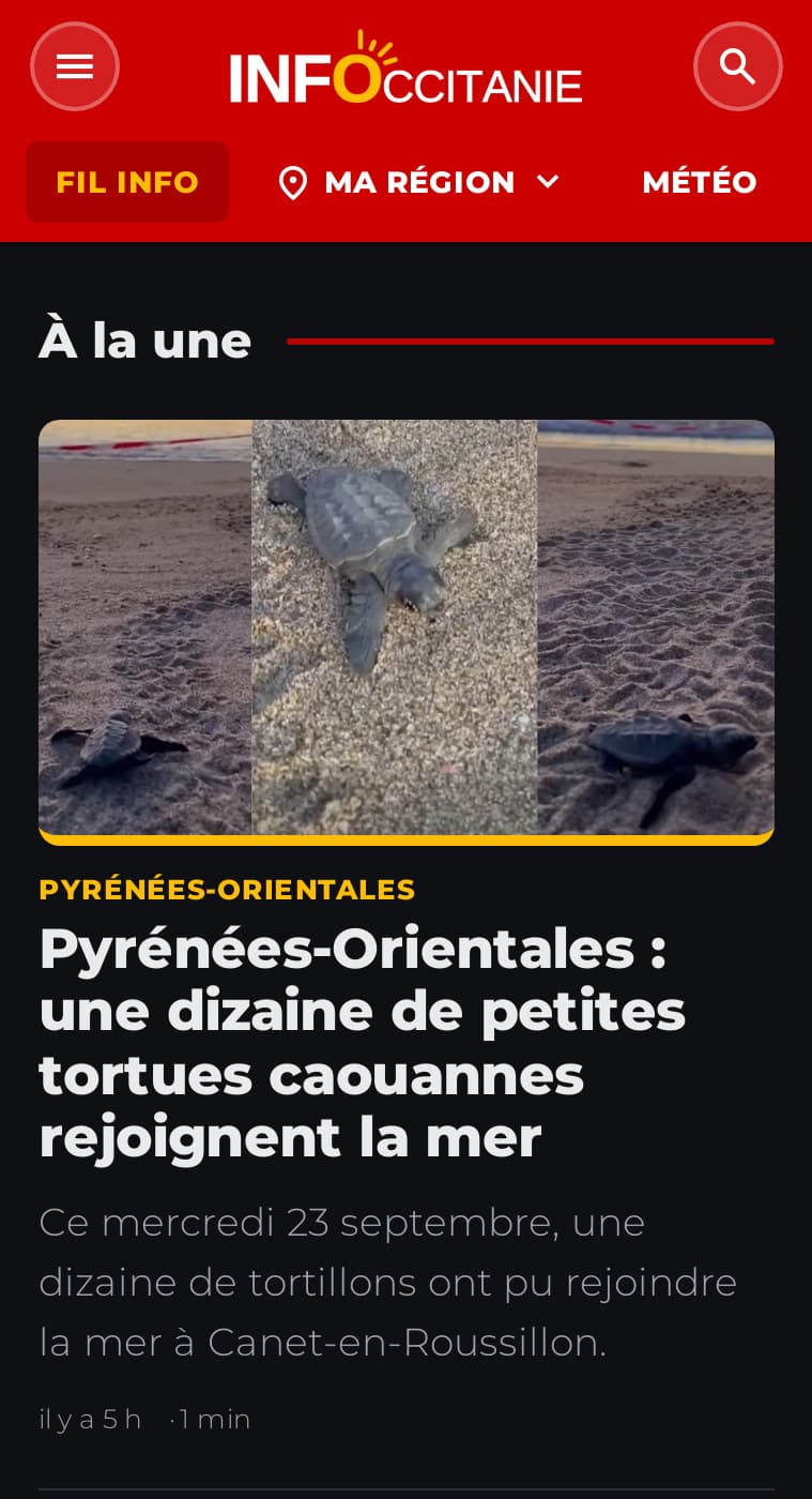 Accueil d’infoccitanie.fr en thème sombre sur mobile