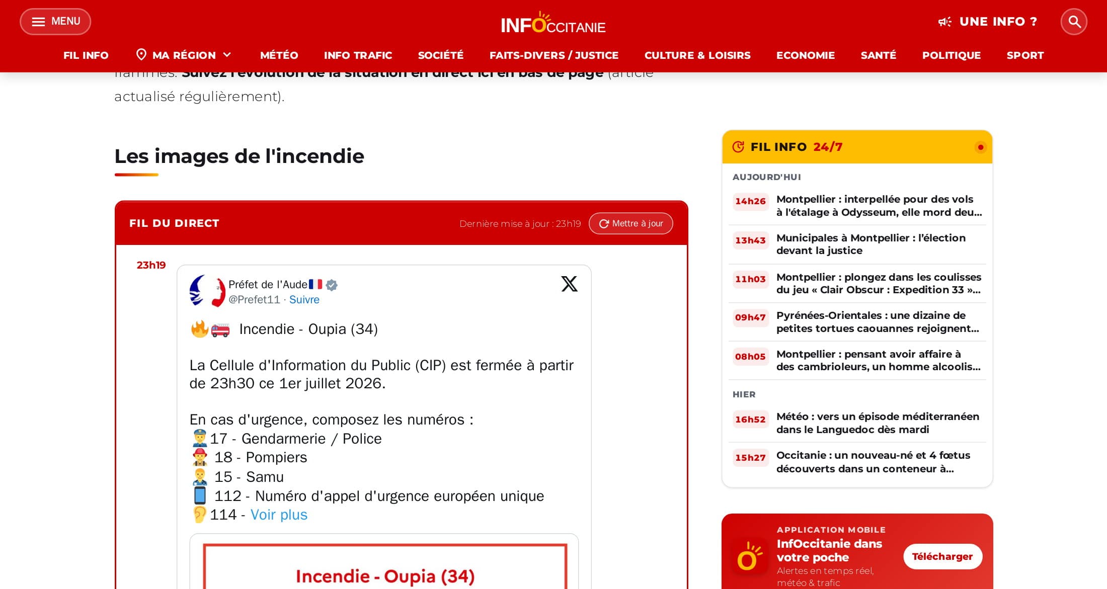 Fil du direct d’un incendie entre Aude et Hérault sur infoccitanie.fr : entrée de 23 h 19 reprenant le message du préfet de l’Aude