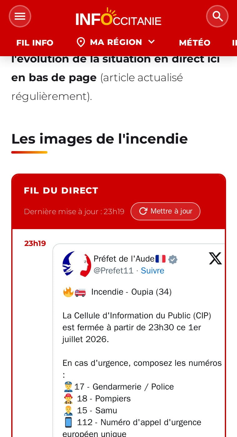 Fil du direct d’un incendie sur mobile, entrée reprenant le message de la préfecture