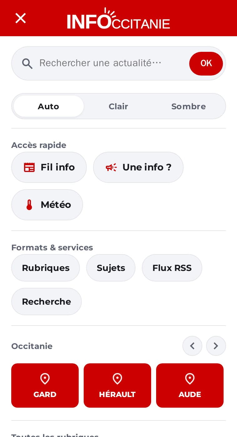 Menu mobile d’infoccitanie.fr : recherche, thème, accès rapide, départements