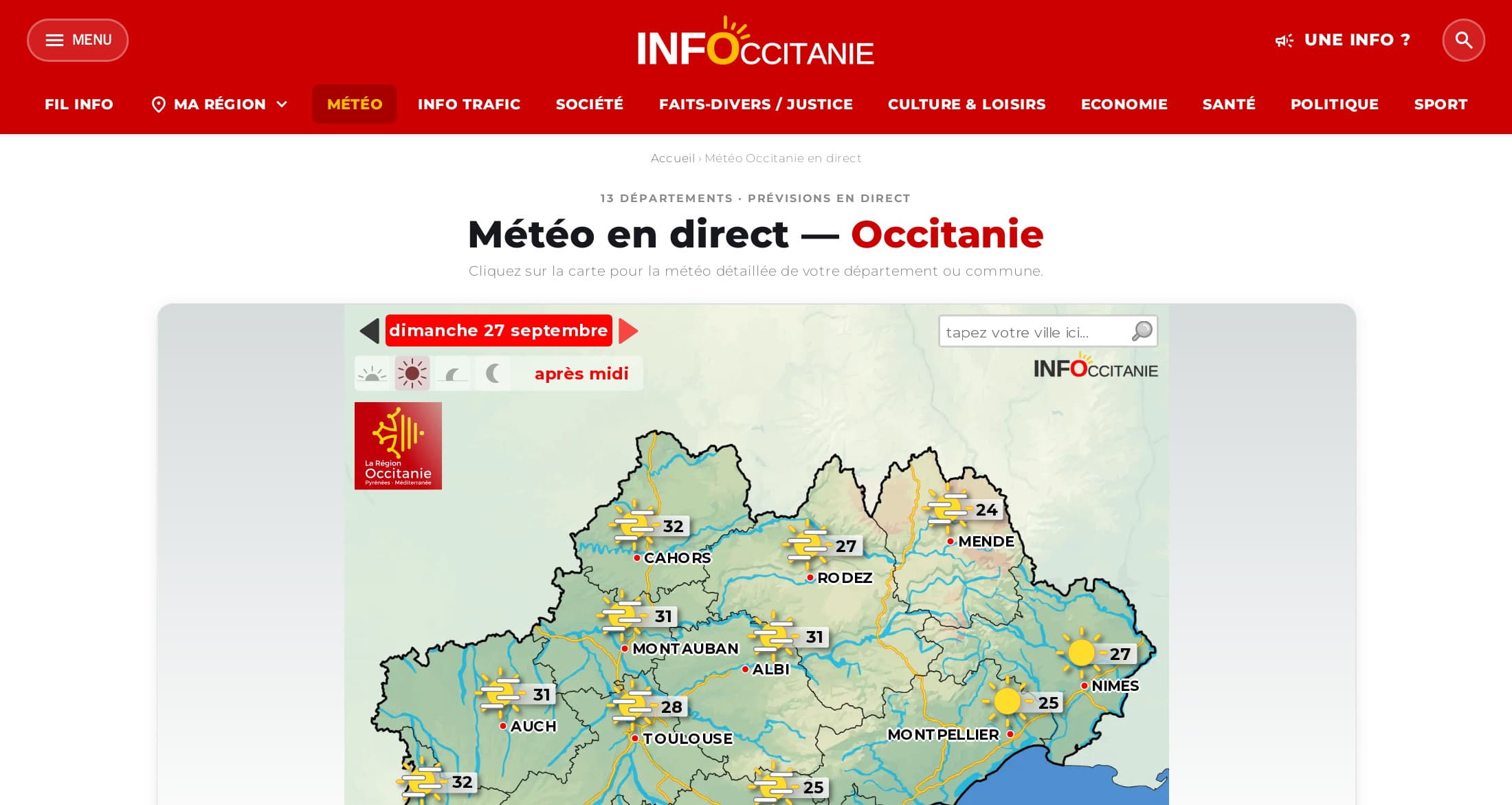 Météo en direct — Occitanie sur infoccitanie.fr : carte de la région avec températures par ville