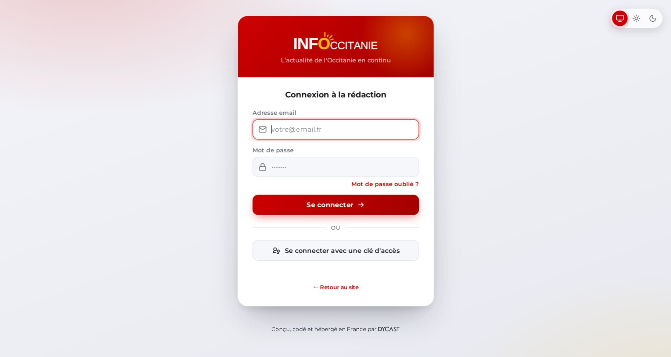 Connexion à la rédaction d’infoccitanie.fr : adresse e-mail, mot de passe, ou connexion avec une clé d’accès