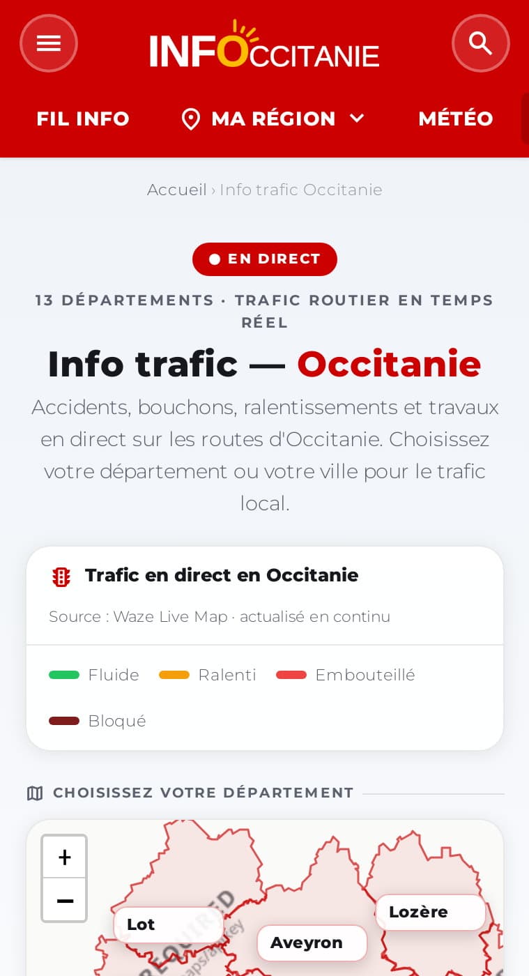 Info trafic Occitanie sur mobile : trafic en direct et choix du département