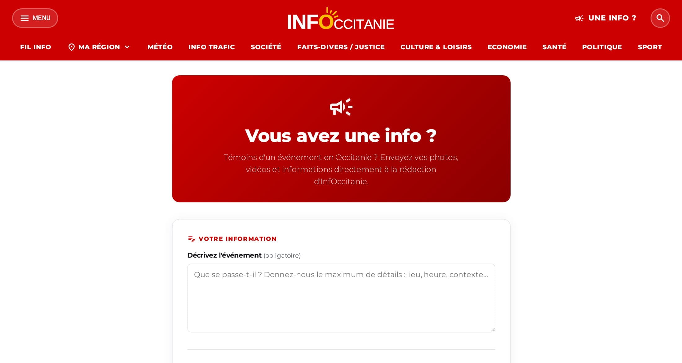 Page « Vous avez une info ? » d’infoccitanie.fr : formulaire pour envoyer un témoignage à la rédaction