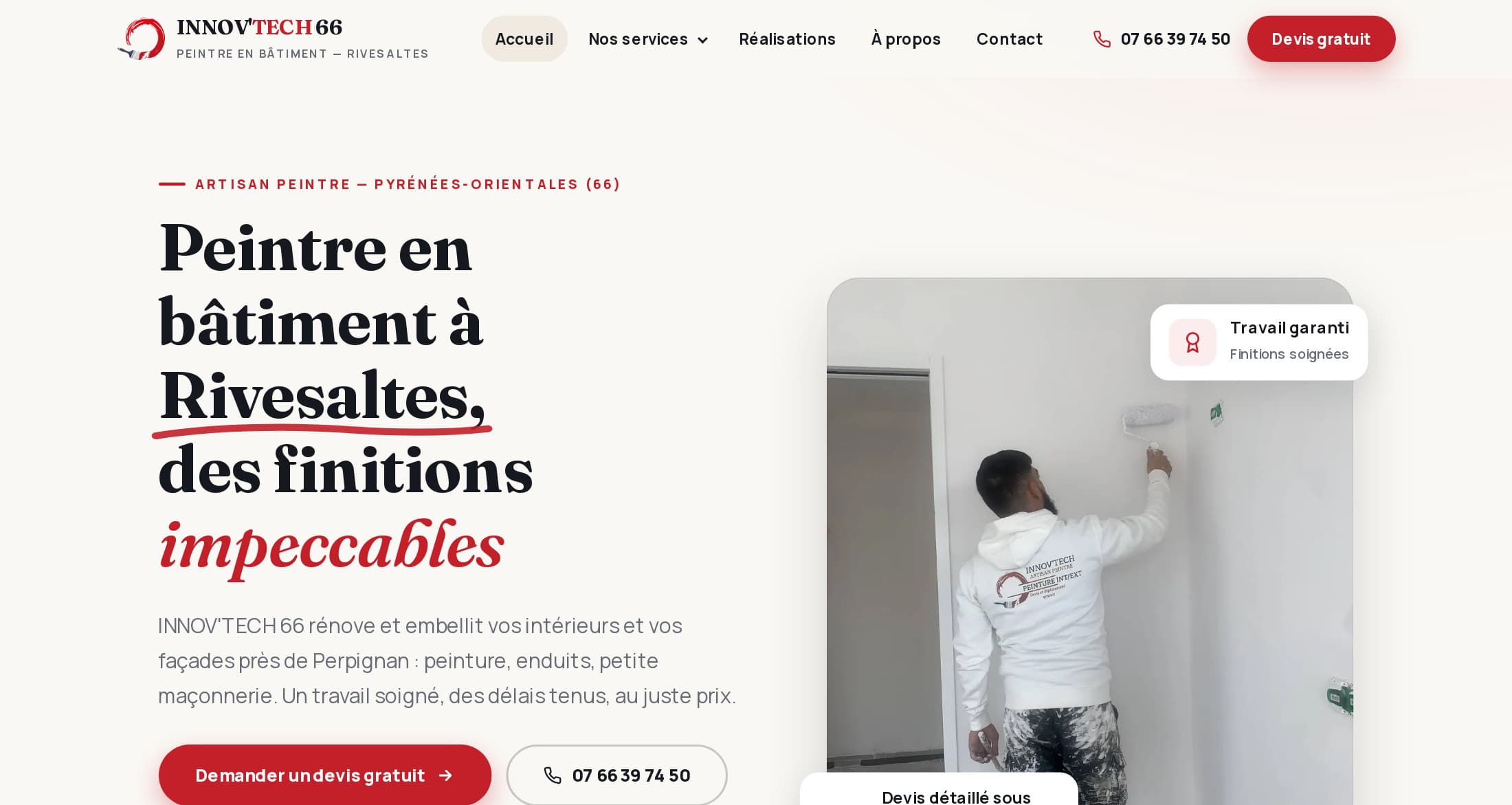Accueil d'innovtech66.com : « Peintre en bâtiment à Rivesaltes, des finitions impeccables », photo d'un artisan peignant un mur, bouton Demander un devis gratuit