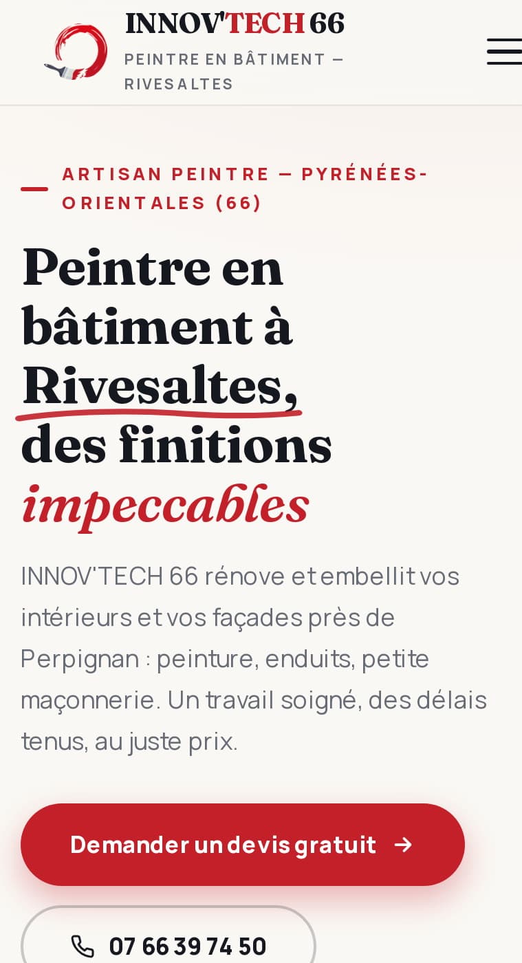 Accueil d'innovtech66.com sur mobile : titre en Fraunces, boutons Demander un devis gratuit et téléphone