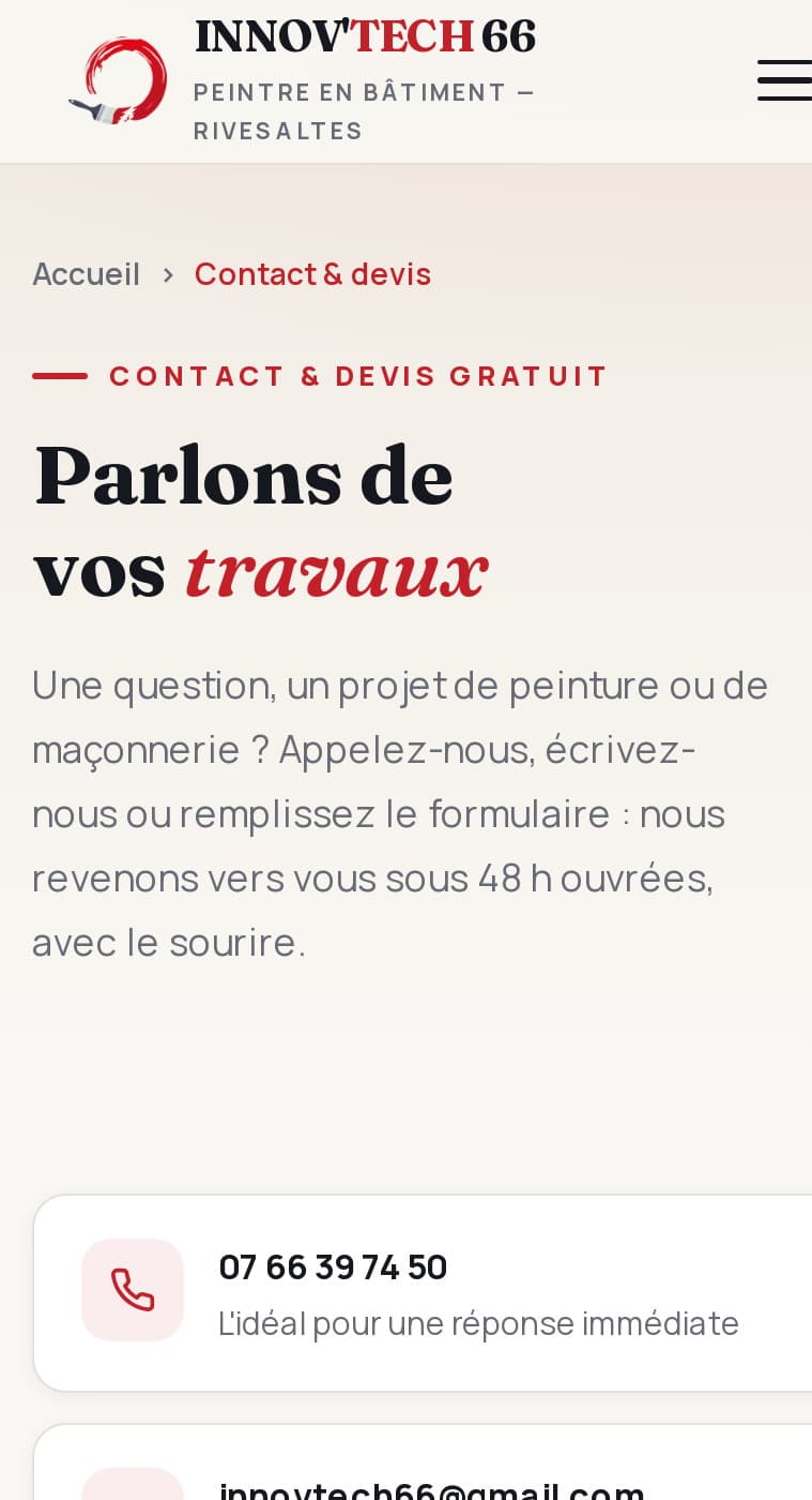 Page Contact d'innovtech66.com sur mobile : « Parlons de vos travaux », téléphone et e-mail directs, formulaire de demande de devis