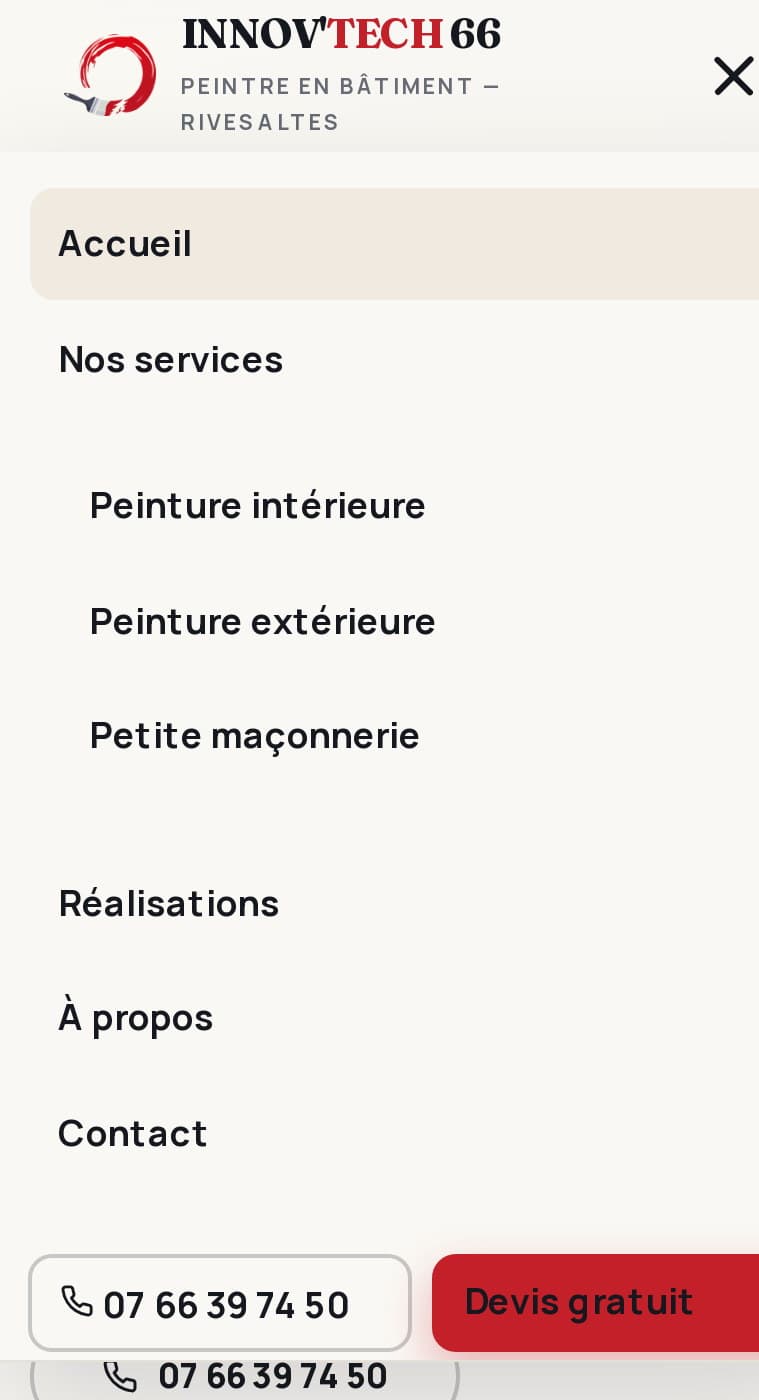 Menu mobile d'innovtech66.com : Accueil, Nos services (Peinture intérieure, Peinture extérieure, Petite maçonnerie), Réalisations, À propos, Contact