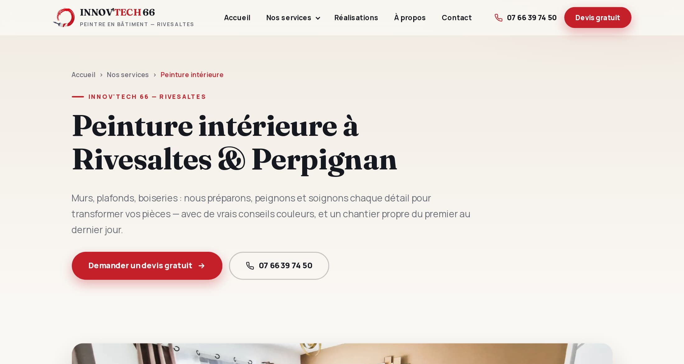 Page « Peinture intérieure à Rivesaltes & Perpignan » : fil d'Ariane, présentation du service, boutons Demander un devis gratuit et téléphone