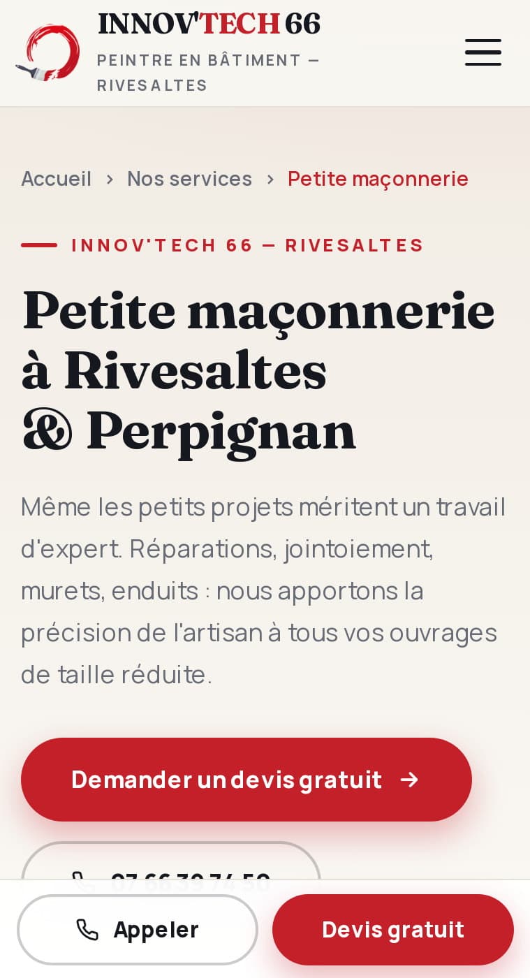 Page Petite maçonnerie sur mobile