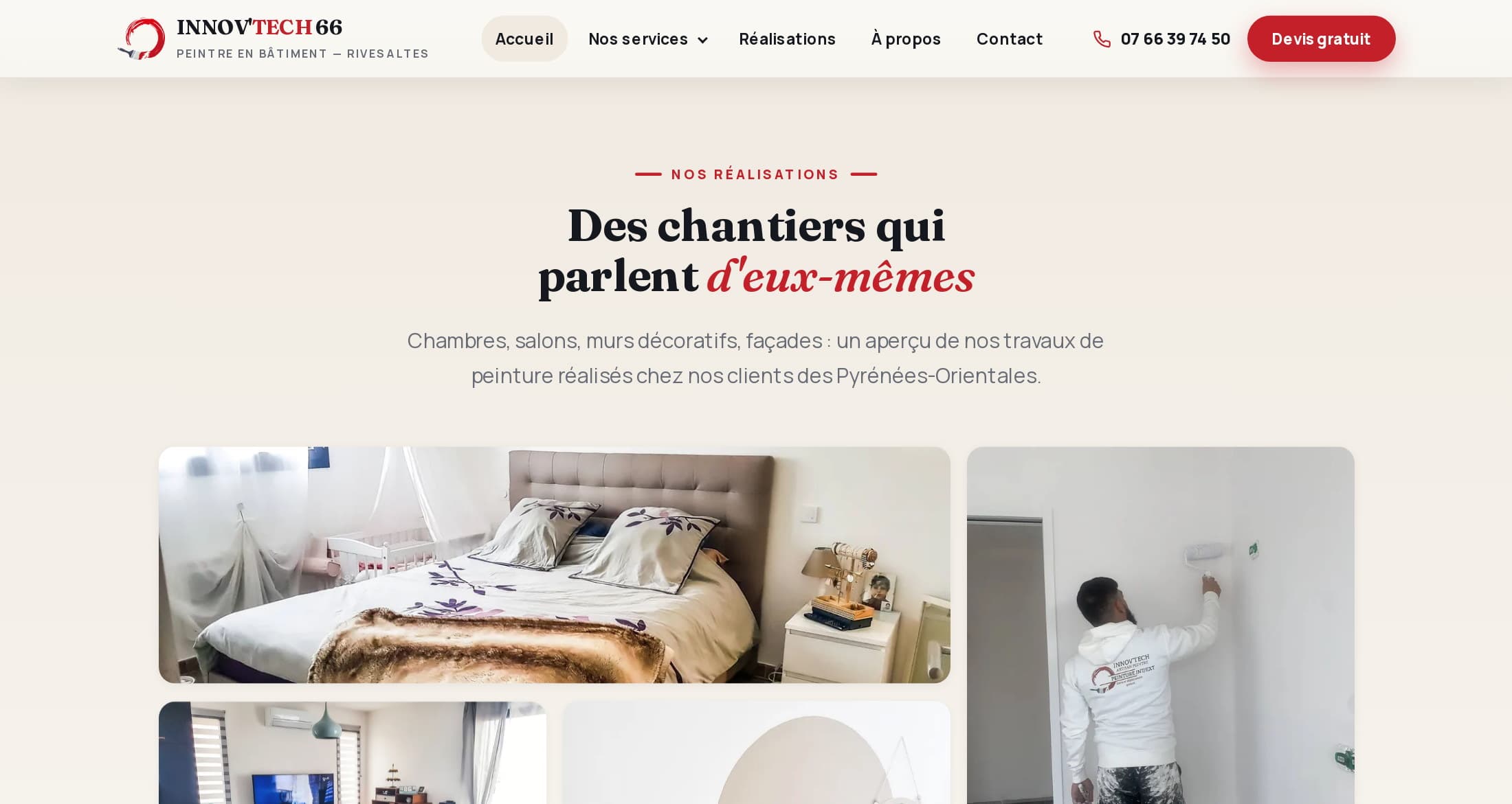 Section « Nos réalisations » de l'accueil : chambre parentale, chambre d'enfant et artisan au travail, en photo