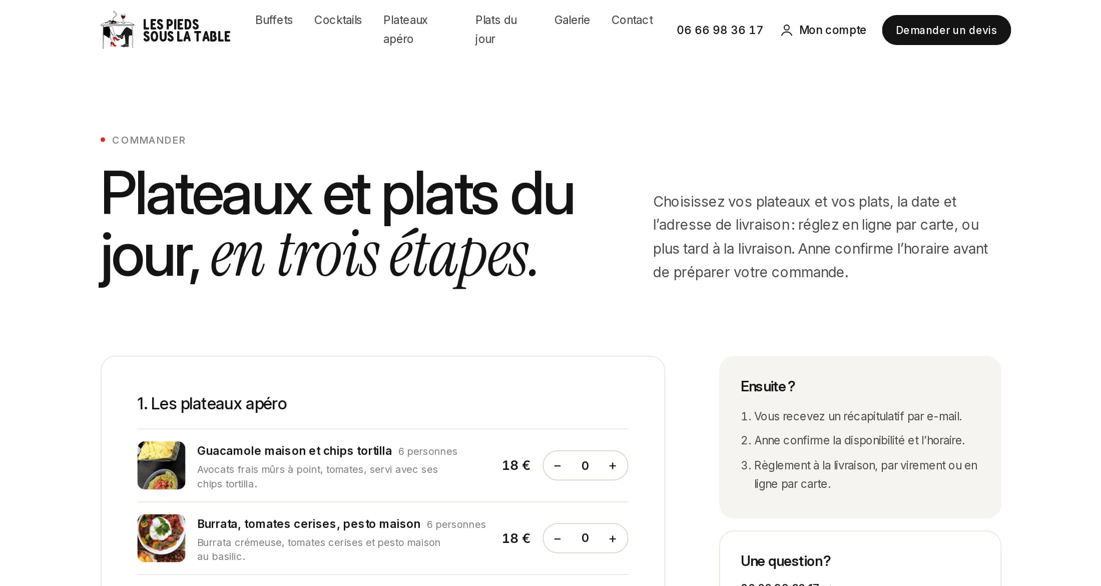 Page « Plateaux et plats du jour, en trois étapes » : liste des plateaux apéro avec prix et sélecteurs de quantité, encadré « Ensuite ? » sur la confirmation et le règlement