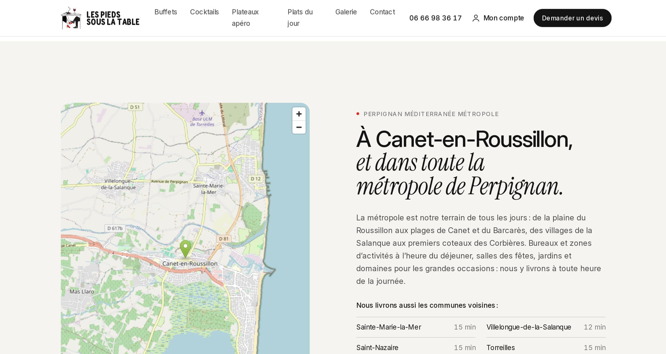 Page « Votre traiteur à Canet-en-Roussillon » : carte OpenStreetMap centrée sur la commune, texte sur la métropole de Perpignan et communes voisines avec leur temps de route