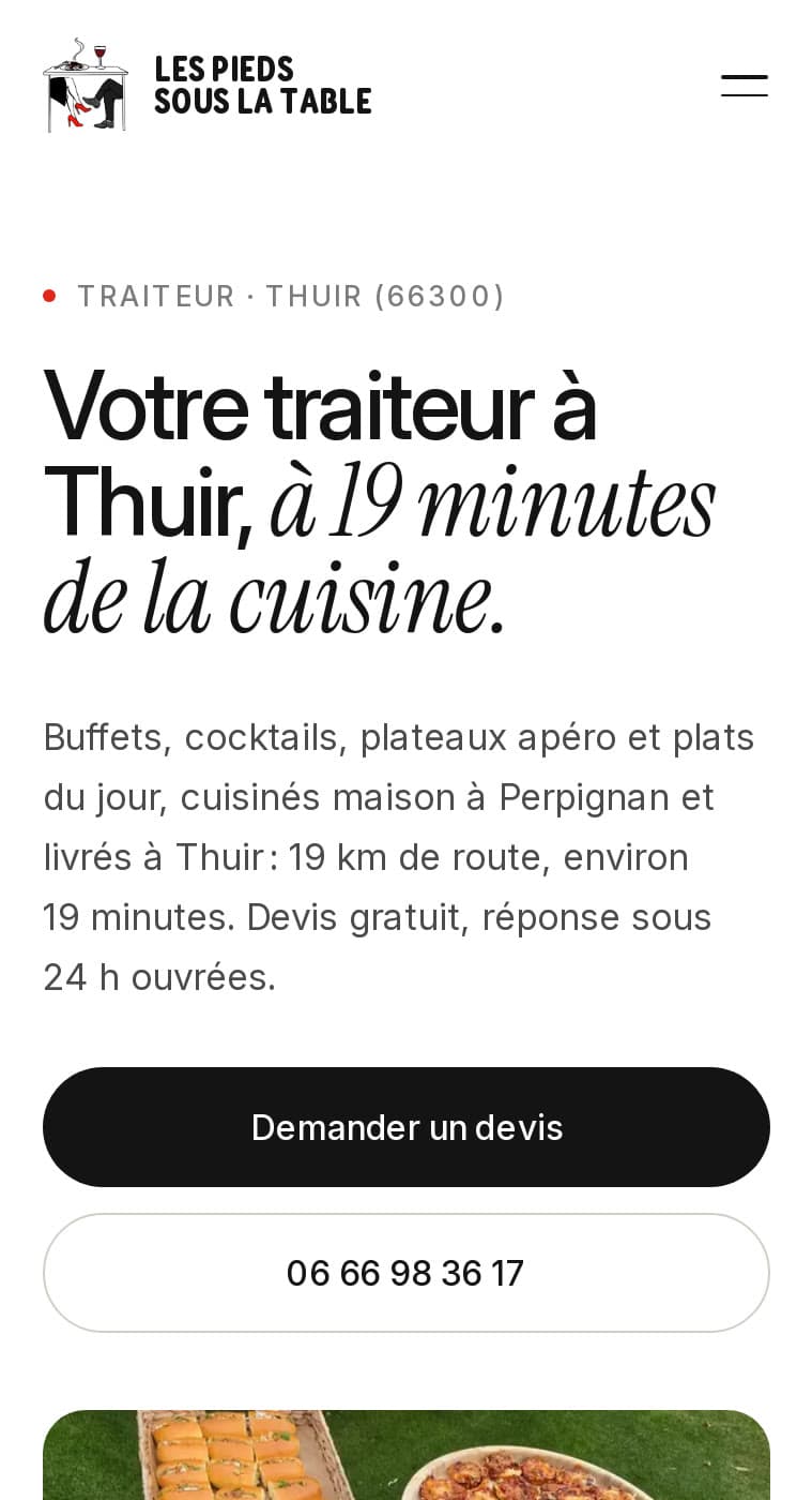 Page « Votre traiteur à Thuir, à 19 minutes de la cuisine » sur mobile
