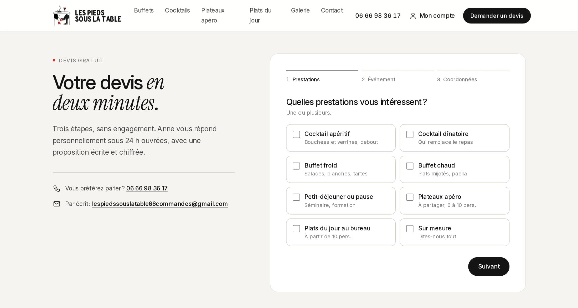 Simulateur « Votre devis en deux minutes » : étape Prestations avec cases à cocher — cocktail apéritif, cocktail dînatoire, buffet froid, buffet chaud, pause, plateaux, plats du jour, sur mesure