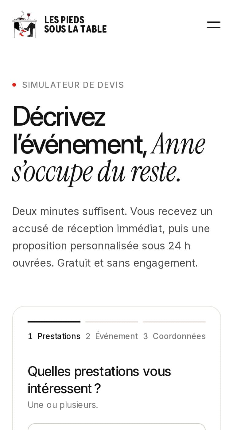 Simulateur de devis sur mobile, étape Prestations