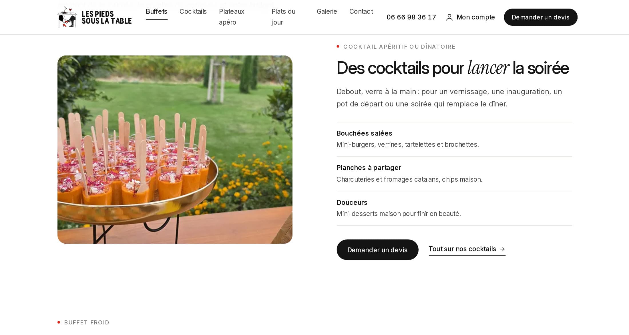 Page Buffets, formule « Des cocktails pour lancer la soirée » : photo de verrines au jardin, bouchées salées, planches à partager, douceurs, bouton Demander un devis