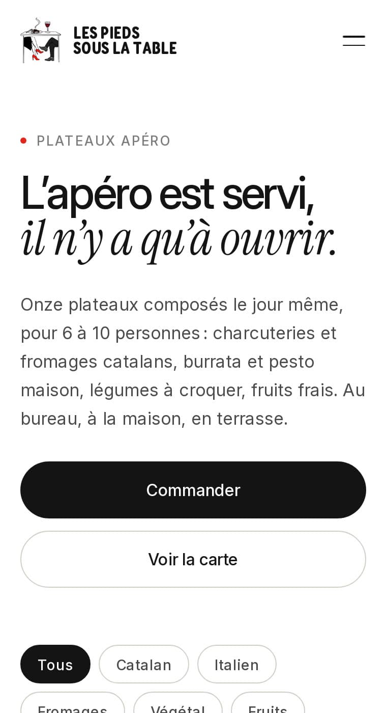 Page Plateaux apéro sur mobile : « L'apéro est servi, il n'y a qu'à ouvrir. », filtres par famille
