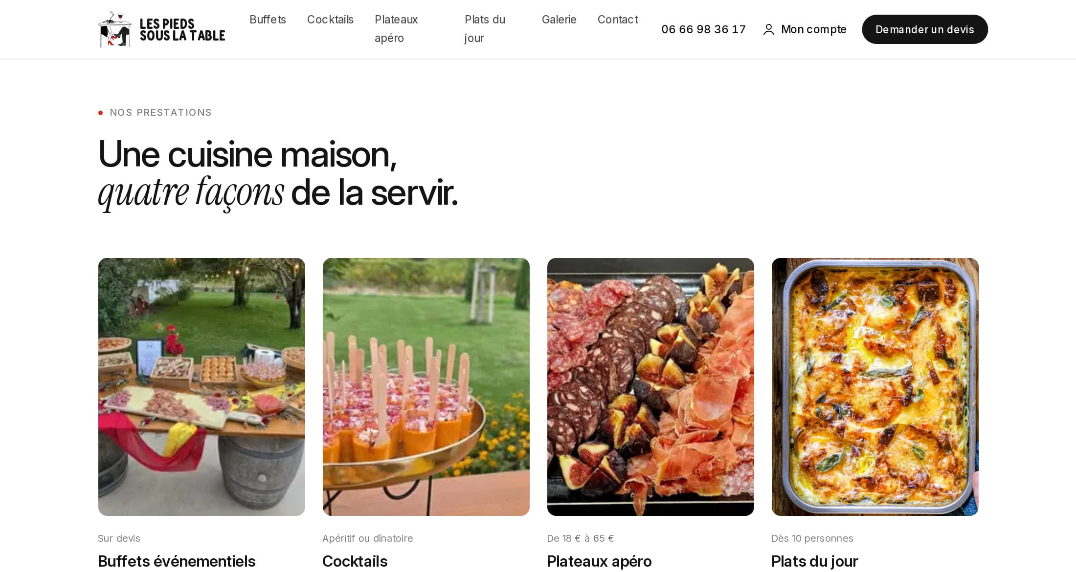 Section « Une cuisine maison, quatre façons de la servir » : buffets événementiels, cocktails, plateaux apéro et plats du jour, chacun avec sa photo