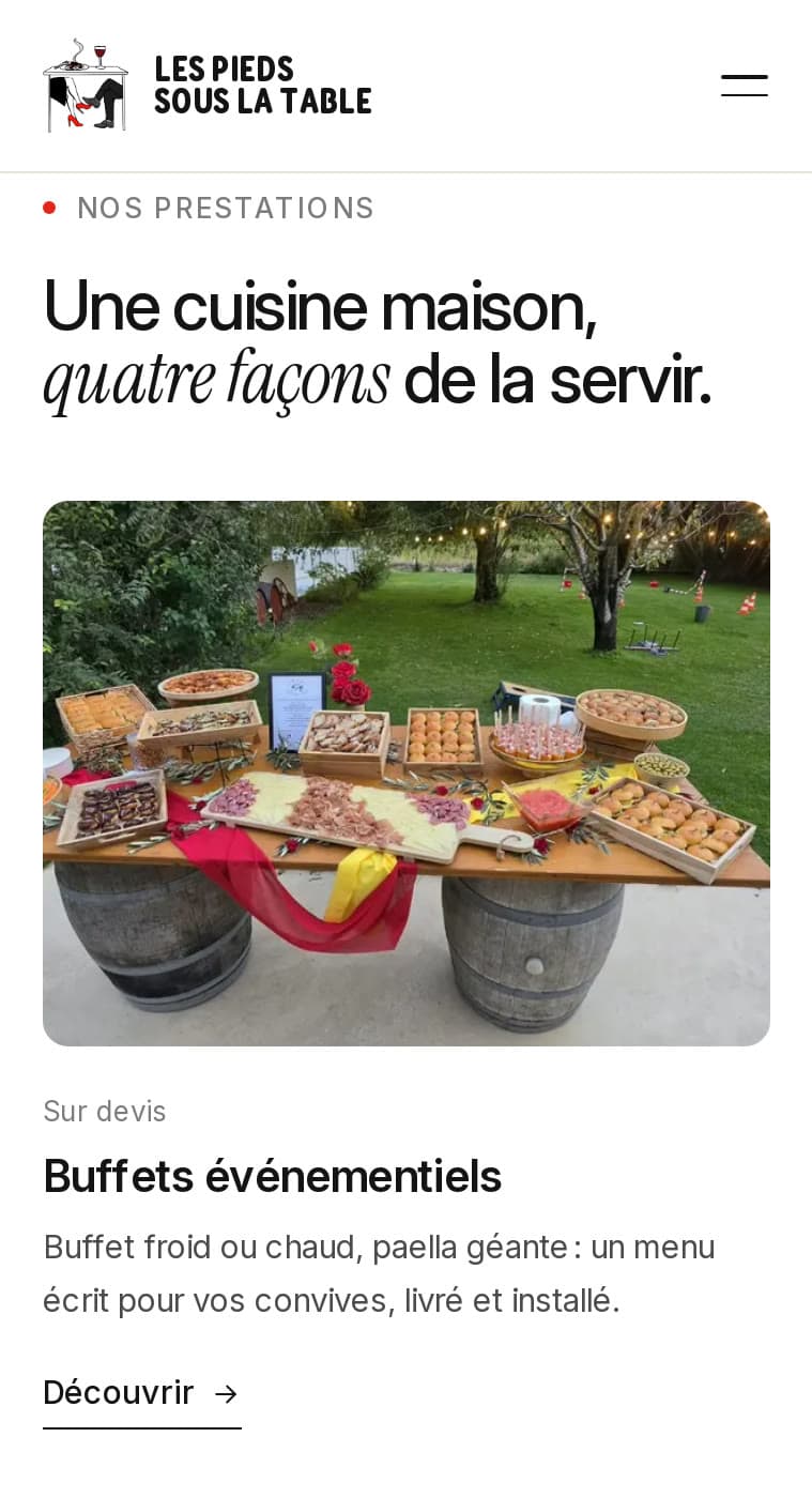 Les quatre prestations sur mobile, buffets événementiels en tête
