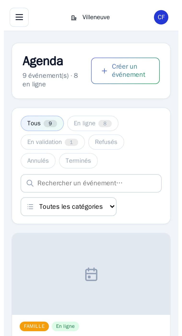 Agenda sur mobile : neuf événements, filtres par statut
