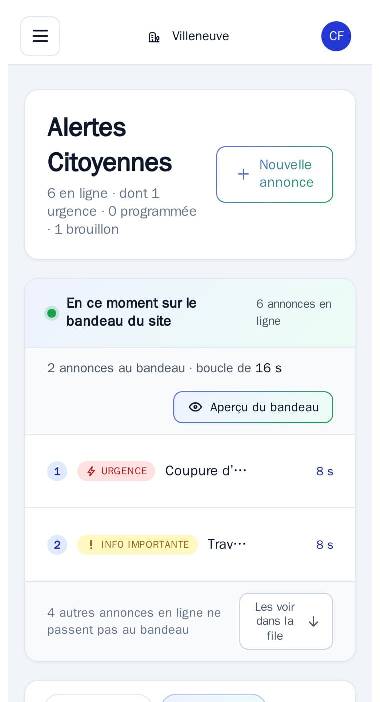 Alertes citoyennes sur mobile : bandeau du site et annonces en ligne