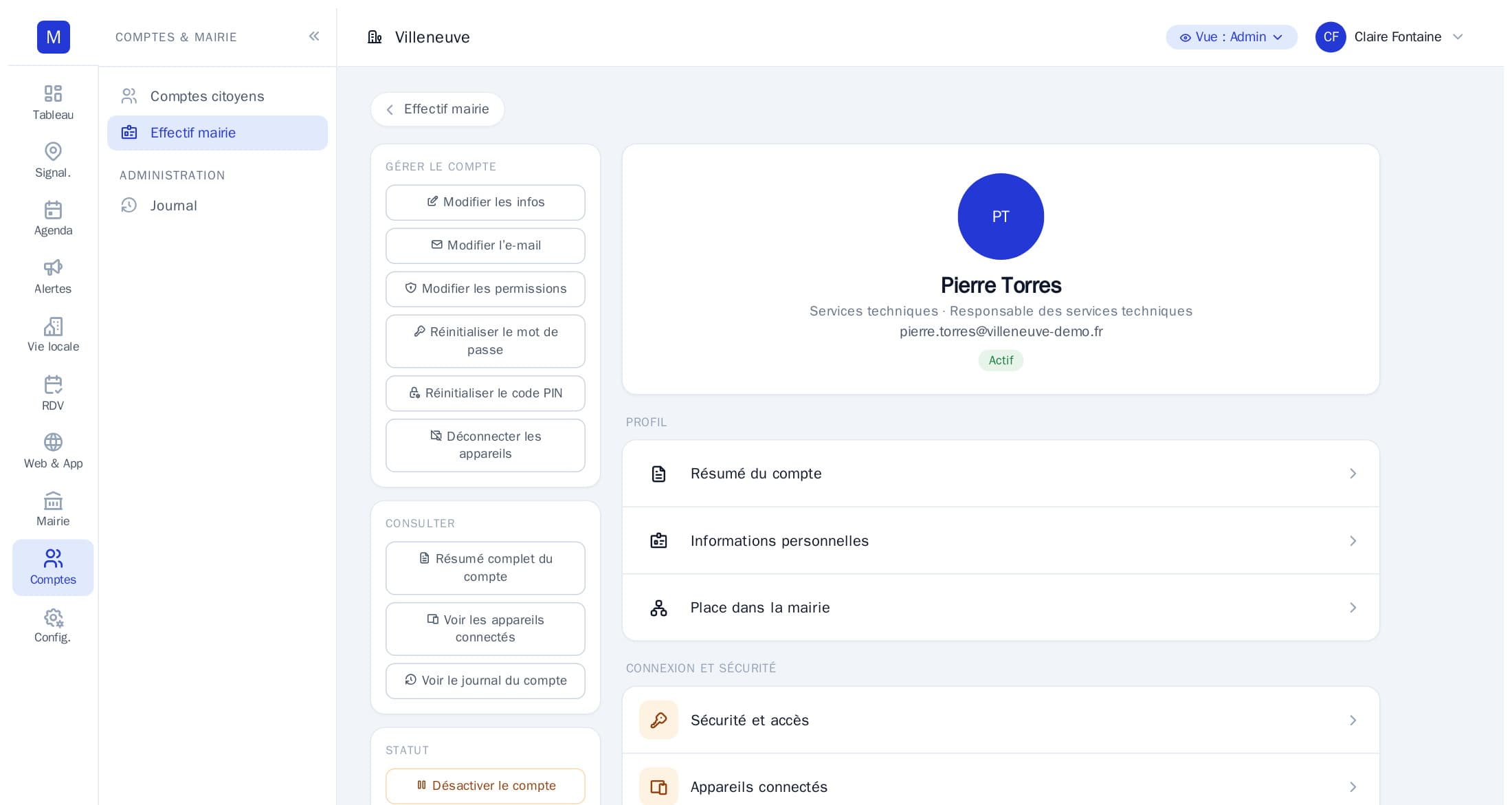 Fiche d’un compte mairie dans Marianne360 : Pierre Torres, responsable des services techniques, actions Modifier les permissions, Réinitialiser le mot de passe et le code PIN, Déconnecter les appareils, sections Sécurité et accès et Appareils connectés