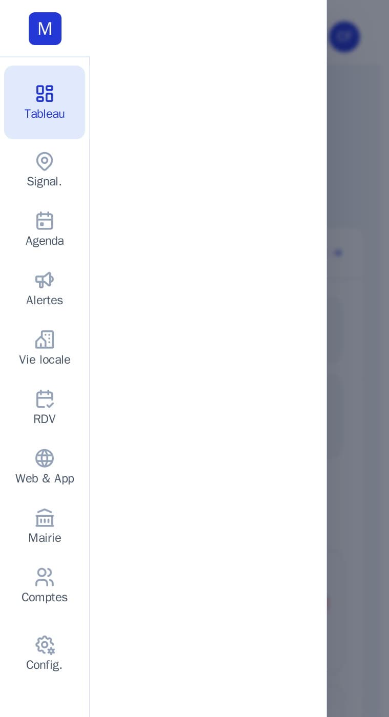 Tiroir de navigation du back-office Marianne360 sur mobile : Tableau, Signal., Agenda, Alertes, Vie locale, RDV, Web & App, Mairie, Comptes, Config.