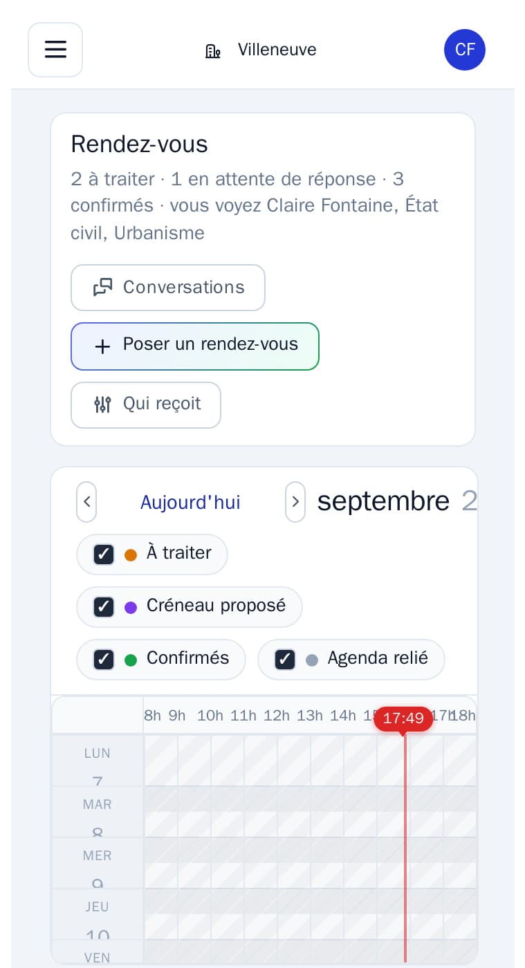 Rendez-vous sur mobile : à traiter, créneau proposé, confirmés et l’agenda