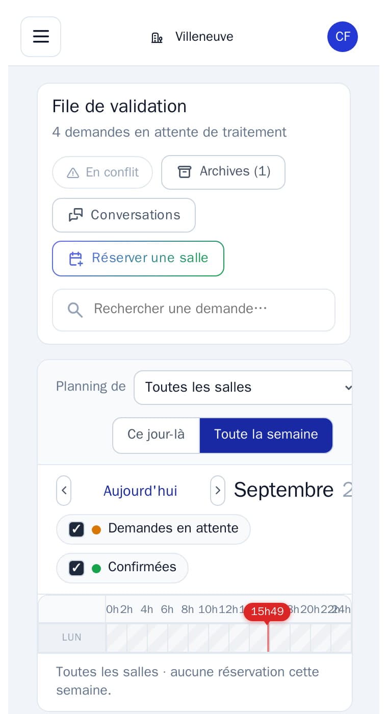 File de validation des salles sur mobile, avec le planning