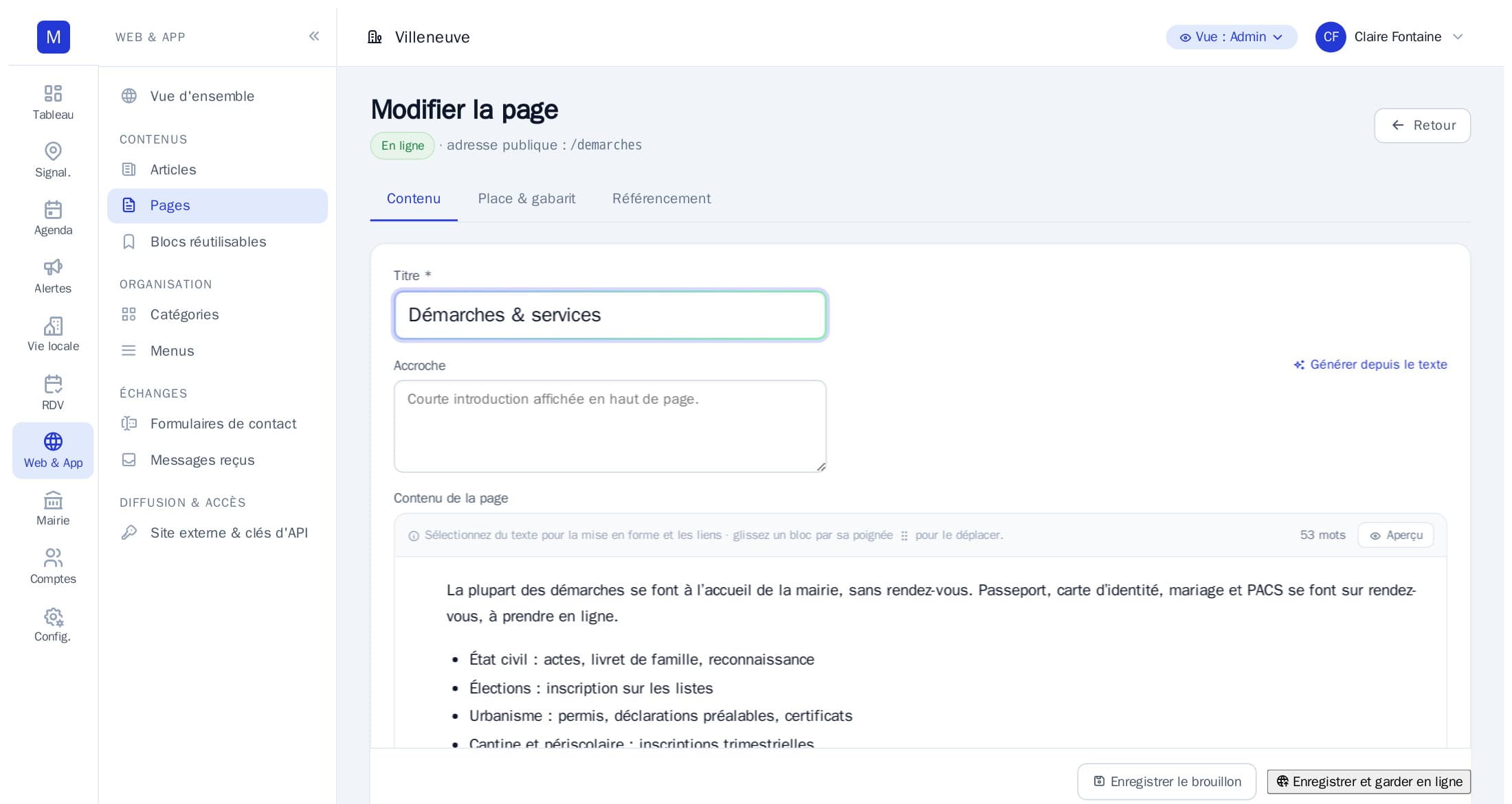 Éditeur d’une page du site dans Marianne360 : titre « Démarches & services », accroche, contenu de la page avec ses onglets Contenu, Mise en page et Référencement