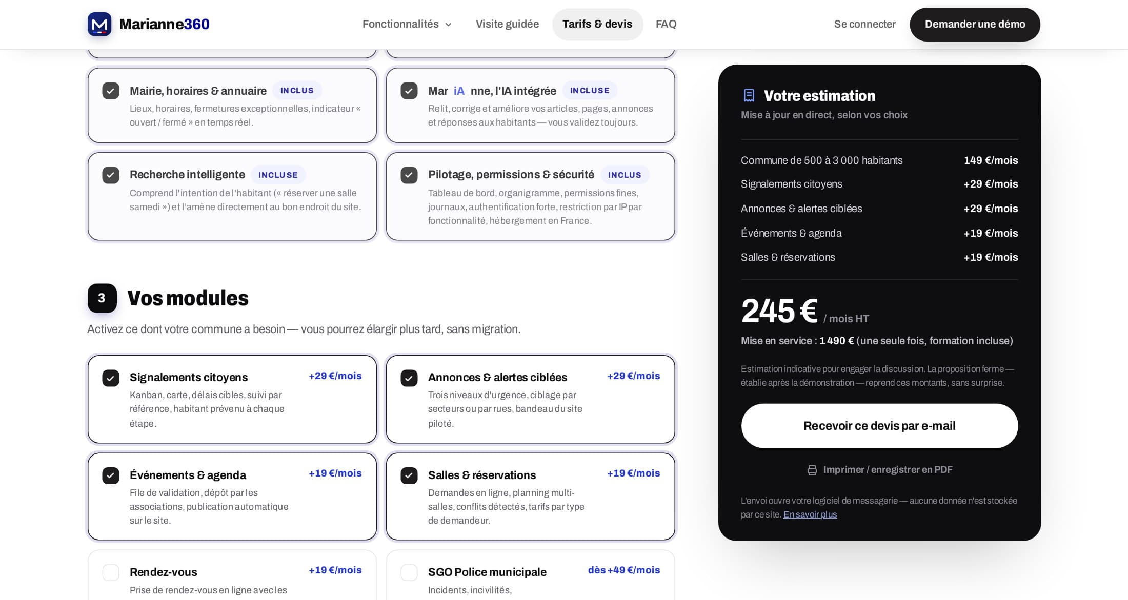 Configurateur de devis de marianne360.fr : socle inclus, modules à activer et estimation mensuelle affichée dans une carte sombre à droite