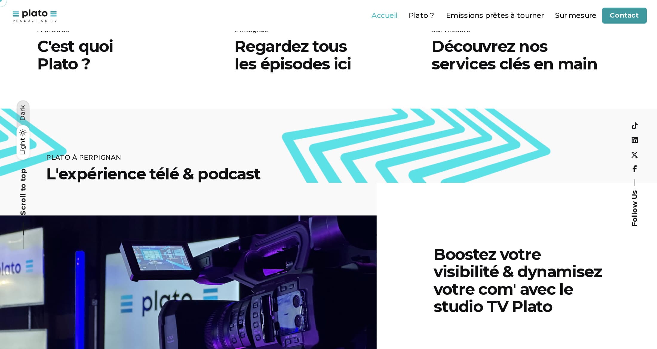 Section « L’expérience télé & podcast » de l’accueil : photo du plateau et argument « Boostez votre visibilité & dynamisez votre com’ avec le studio TV Plato »