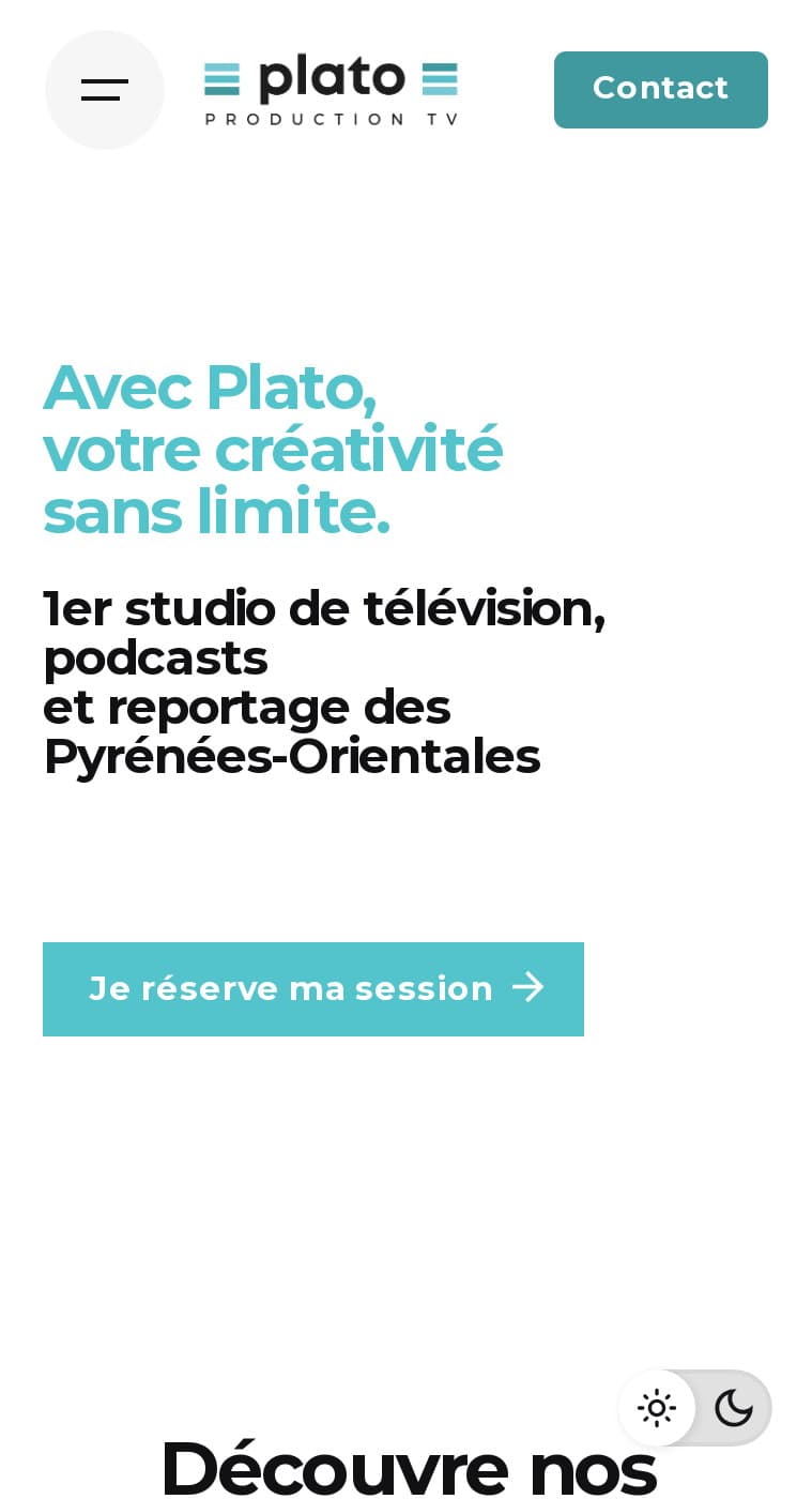 Accueil de plato-production.fr sur mobile : « Avec Plato, votre créativité sans limite », bouton Je réserve ma session