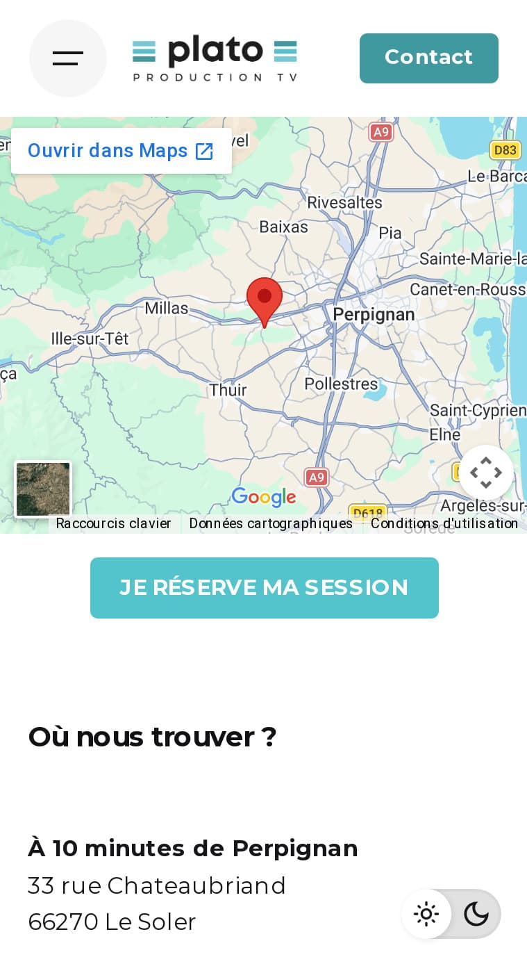 Page Contact de plato-production.fr sur mobile : carte du Soler, bouton Je réserve ma session, adresse