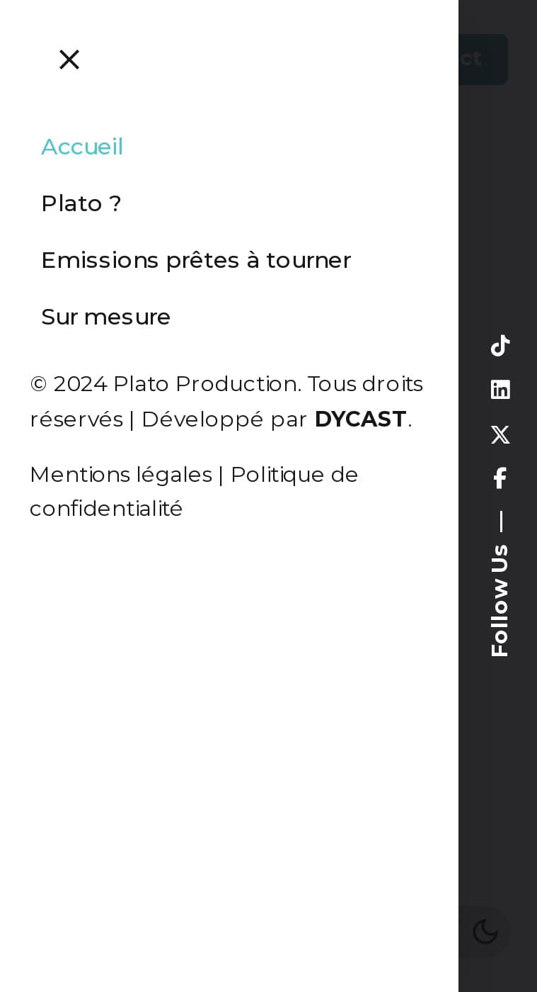Menu mobile de plato-production.fr : Accueil, Plato ?, Émissions prêtes à tourner, Sur mesure