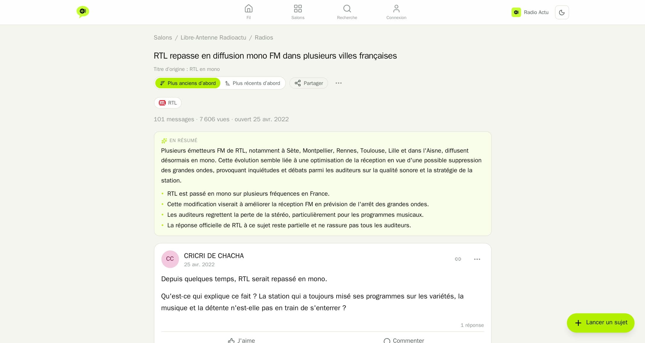 Un sujet du forum Libre-Antenne : « RTL repasse en diffusion mono FM dans plusieurs villes françaises », message initial, réactions et réponses