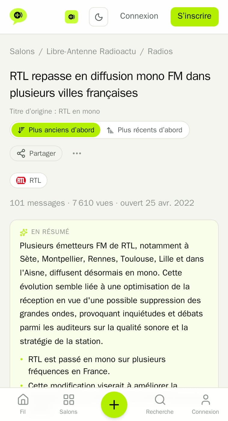 Un sujet du forum Libre-Antenne sur mobile, avec ses réactions