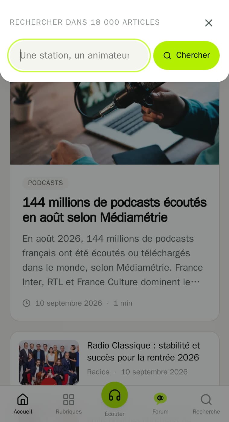 Menu mobile de radioactu.com, avec le champ de recherche dans les 18 000 articles